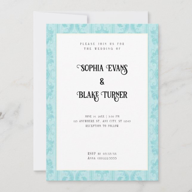 Invitation Elégant bleu Damas Mariage blanc traditionnel (Devant)