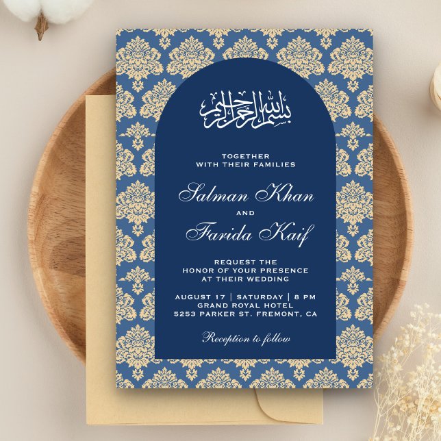 Invitation Elégant bleu Damask Arabian Arch Mariage islamique (Créateur téléchargé)