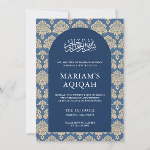 Invitation Élégant Bleu Damassé Arabe Arche Aqiqah