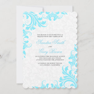 Invitation Elégant bleu dentelle blanc Damas Mariage Invitati