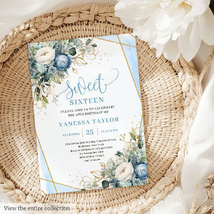 Invitation Elégant bleu doré bleu or floral doux 16 invitatio