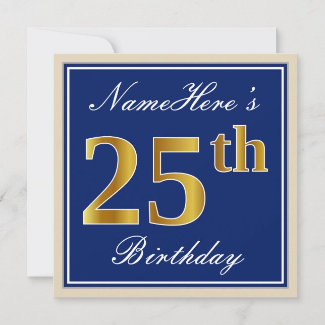 Invitation Elégant, Bleu, Doré Faux 25e Anniversaire + Nom (Devant)