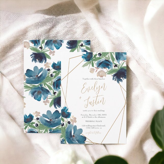 Invitation Elégant bleu doré Floral Aquarelle Mariage (Elegant dusty blue gold Floral Watercolor Wedding Invitation)