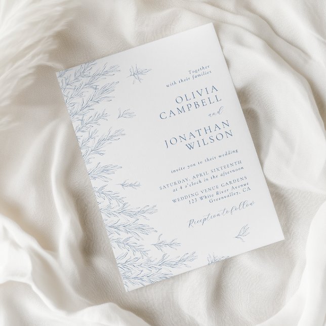Invitation Elégant bleu doux Feuille Mariage botanique (Créateur téléchargé)