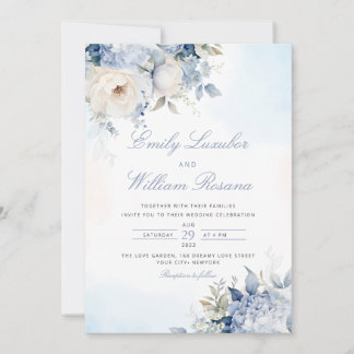 Invitation Elégant bleu Dusty Aquarelle Boho Floral Mariage
