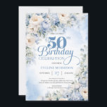 Invitation Elégant bleu Dusty et fleurs d'ivoire 50e annivers<br><div class="desc">Boho Elegant Winter Dusty Blue and Ivory Flowers 50e anniversaire Invitation Ce magnifique design boho bleu floral tendance a présenté aquarelle peinte à la main hydrangea bleu hiver poussiéreux mélangé fleurs bleu clair et crème roses, et des fleurs blanches et combinées modernes script de calligraphie. Т son irrésistible symphonie colorée...</div>