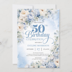 Invitation Elégant bleu Dusty et fleurs d'ivoire 50e annivers