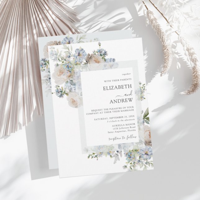 Invitation Elégant bleu Dusty et Mariage floral rose (Créateur téléchargé)