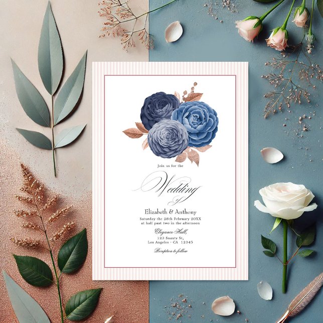 Invitation Elégant bleu Dusty et Rose or Mariage Floral (Elegant Dusty Blue and Rose Gold Floral Wedding Invitation)