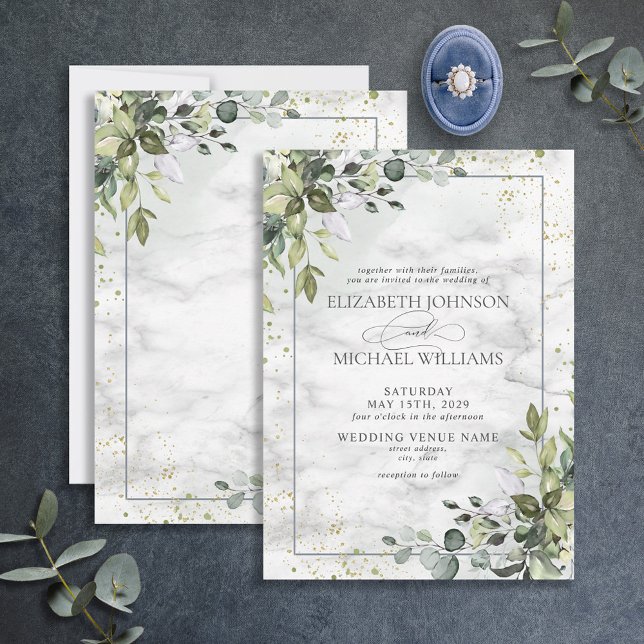 Invitation Elégant bleu Dusty Eucalyptus Marbre vert (Créateur téléchargé)