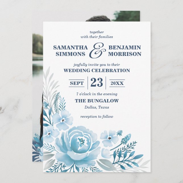 Invitation Elégant bleu Dusty Floral Aquarelle Mariage photo (Devant / Derrière)