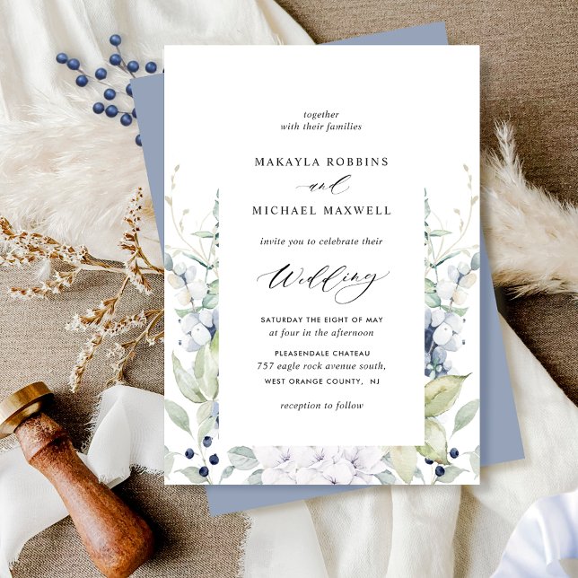 Invitation Elégant bleu Dusty Floral et Mariage de verdure (Créateur téléchargé)