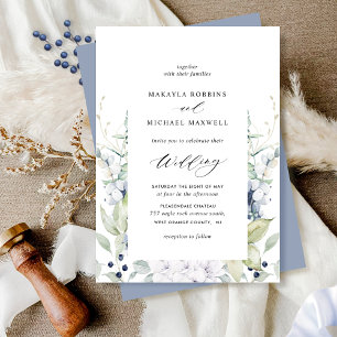Invitation Elégant bleu Dusty Floral et Mariage de verdure