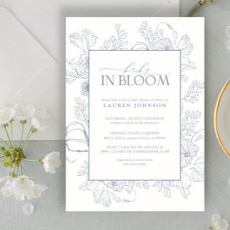 Invitation Elégant Bleu Dusty Floral Line Art Baby In Bloom