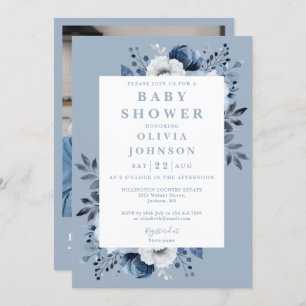 Invitation Elégant bleu Dusty Floral Photo QR Baby shower