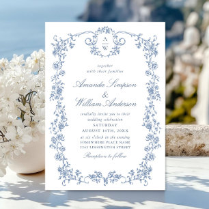 Invitation Elégant bleu Dusty Jardin Français Mariage Floral