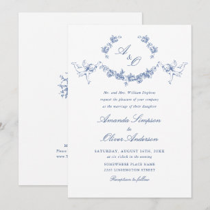 Invitation Elégant bleu Dusty Jardin Français Mariage Floral