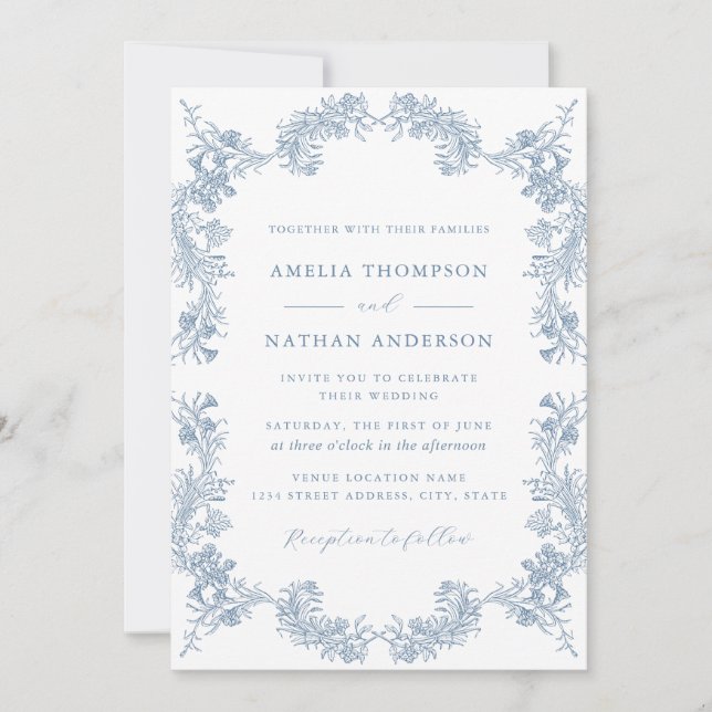 Invitation Elégant bleu Dusty Vintage Floral Mariage (Devant)