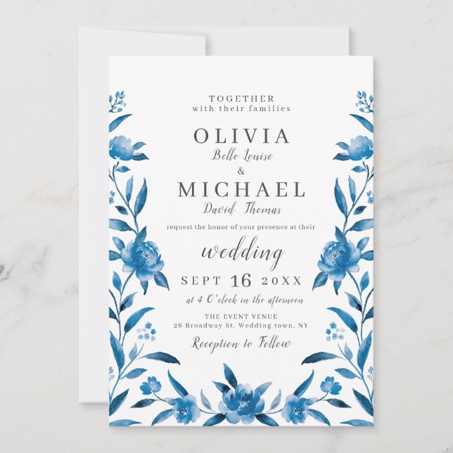 Invitation Elégant bleu et blanc aquarelle mariage floral (Devant)