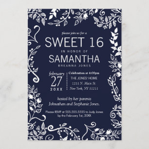 Invitation Élégant bleu et blanc de la marine sucré floral 16
