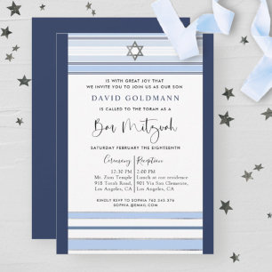 Invitation Élégant bleu et blanc rayé Tallit Bar Mitzvah