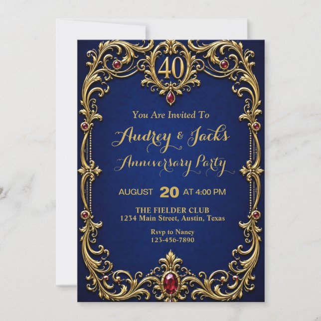 Invitation Élégant Bleu et Or 40e Anniversaire (Devant)