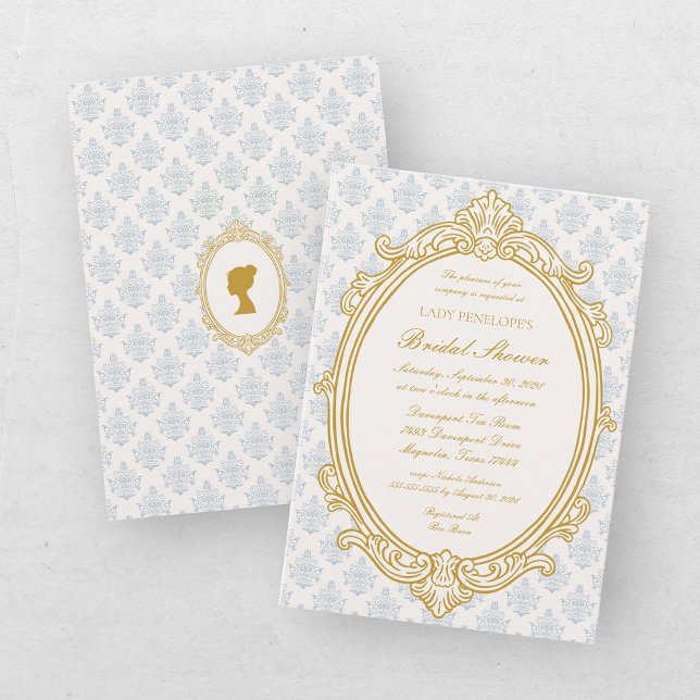 Invitation Élégant bleu et or Damassé douche de mariée (Créateur téléchargé)