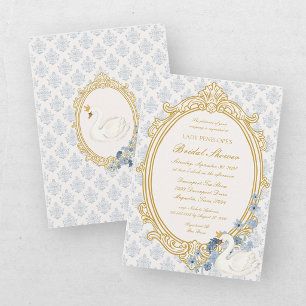 Invitation Élégant bleu et or Damassé Lavage de Mariée