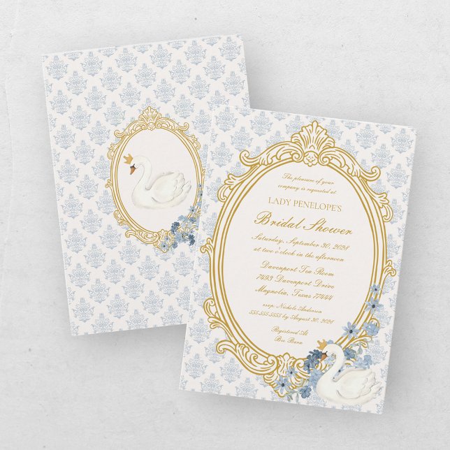 Invitation Élégant bleu et or Damassé Lavage de Mariée (Créateur téléchargé)