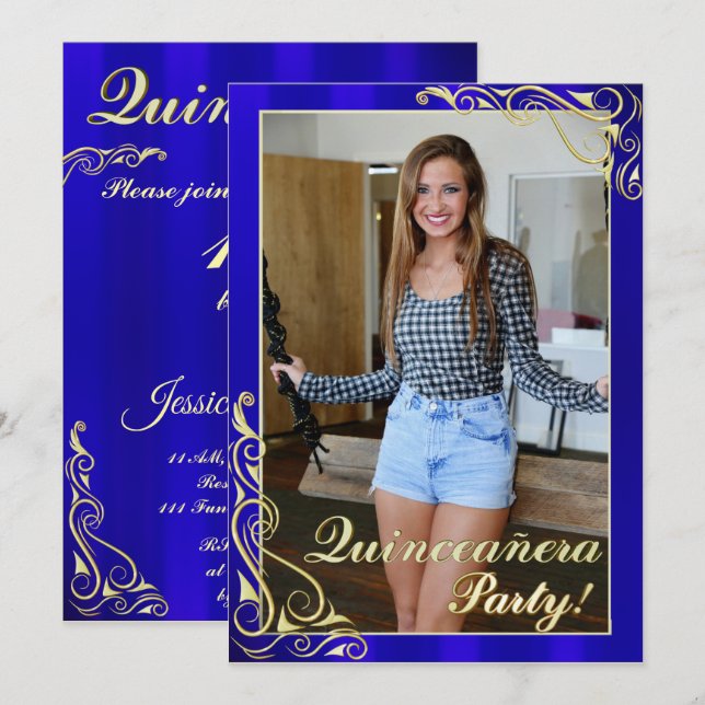 Invitation Elégant bleu et or votre photo Quinceañera (Devant / Derrière)