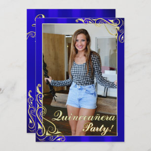 Invitation Elégant bleu et or votre photo Quinceañera