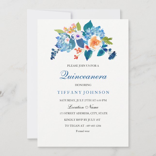 Invitation Elégant bleu et pêche Floral Quinceanera Invitatio (Devant)