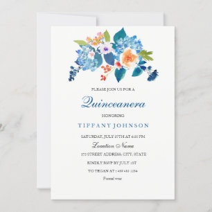 Invitation Elégant bleu et pêche Floral Quinceanera Invitatio