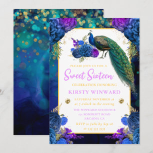 Invitation Élégant Bleu et Violet Floral Paon Douce 16