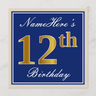 Invitation Elégant, Bleu, Faux Gold 12e anniversaire + Nom