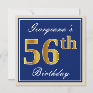 Invitation Elégant, Bleu, Faux Gold 56e anniversaire + Nom