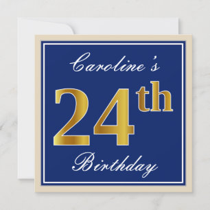 Invitation Elégant, Bleu, Faux Or 24ème Anniversaire + Nom
