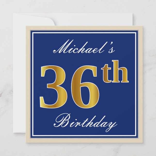Invitation Elégant, Bleu, Faux Or 36e Anniversaire + Nom (Devant)