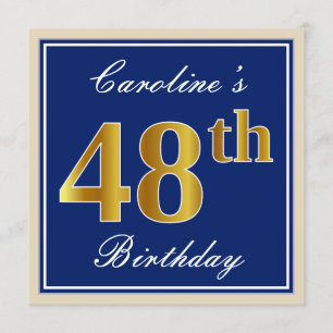Invitation Elégant, Bleu, Faux Or 48ème Anniversaire + Nom