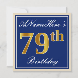 Invitation Elégant, Bleu, Faux Or 79ème Anniversaire + Nom