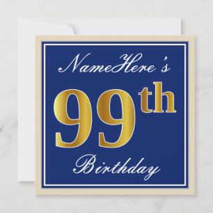 Invitation Elégant, Bleu, Faux Or 99ème Anniversaire + Nom
