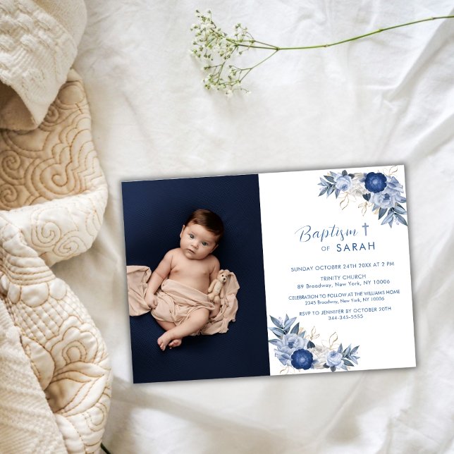 Invitation Elégant bleu Fleur photo Croix Baptême (Elegant Blue Flower Photo Cross Baptism Invitation)