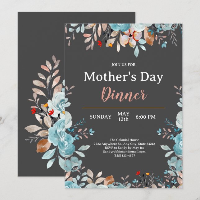 Invitation Elégant Bleu Fleur sauvage Monnaie Dîner de la Fêt (Devant / Derrière)