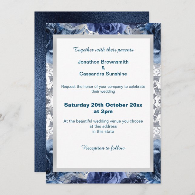 INVITATION ÉLÉGANT BLEU FLORAL ARGENT TRIM MARIAGE (Devant / Derrière)