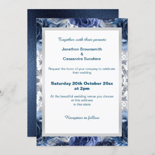 INVITATION ÉLÉGANT BLEU FLORAL ARGENT TRIM MARIAGE