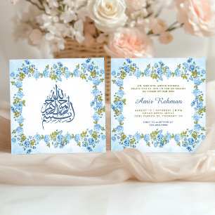 Invitation Elégant bleu floral bébé garçon Aqiqah