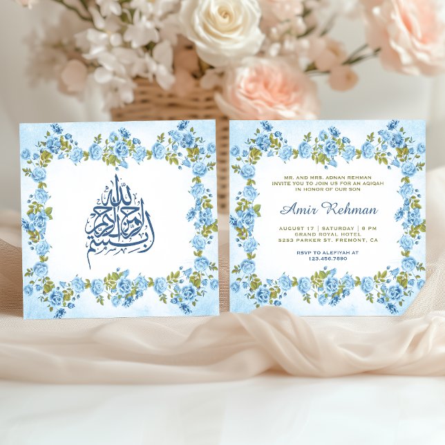 Invitation Elégant bleu floral bébé garçon Aqiqah (Créateur téléchargé)