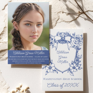 Invitation Elégant bleu floral Coquette Graduation Photo