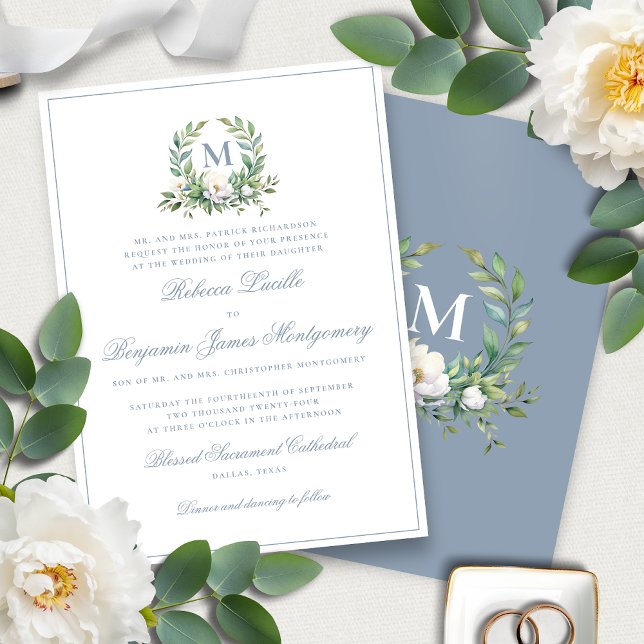 Invitation Élégant Bleu Floral Crest Monogramme Mariage (Créateur téléchargé)