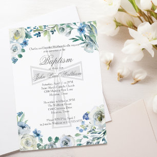 Invitation Élégant bleu floral croisé religieux Baptême